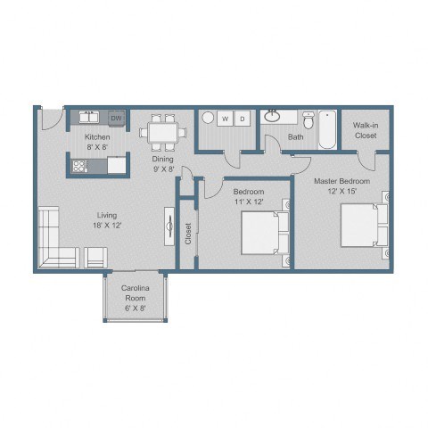 Floor plan for 2 beds, 1 bath, 1121 sqft